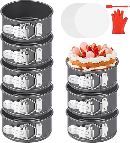 FODIENS Juego de 8 moldes antiadherentes de 4 pulgadas con suministros para hornear, mini moldes redondos para tartas de queso con parte inferior