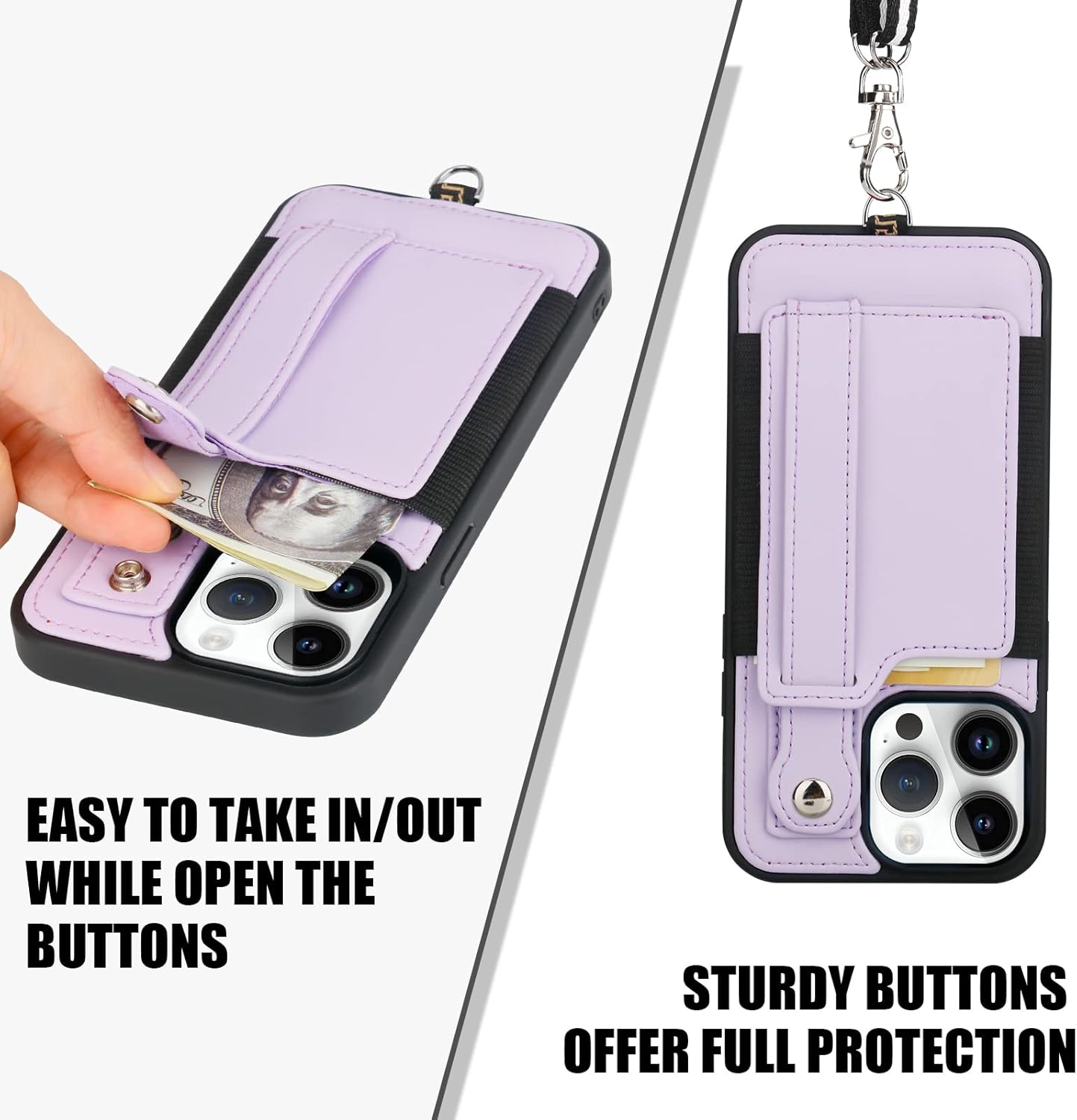 TOOVREN Phone Cover Compatible with iPhone 14 Pro Case with Wallet Strap Card Holder PU Leather Phone Cover for iPhone 14 Pro Wallet Case with Stand Lanyard Kickstand for Women & Men 6.1-Inch Purple - Image 5