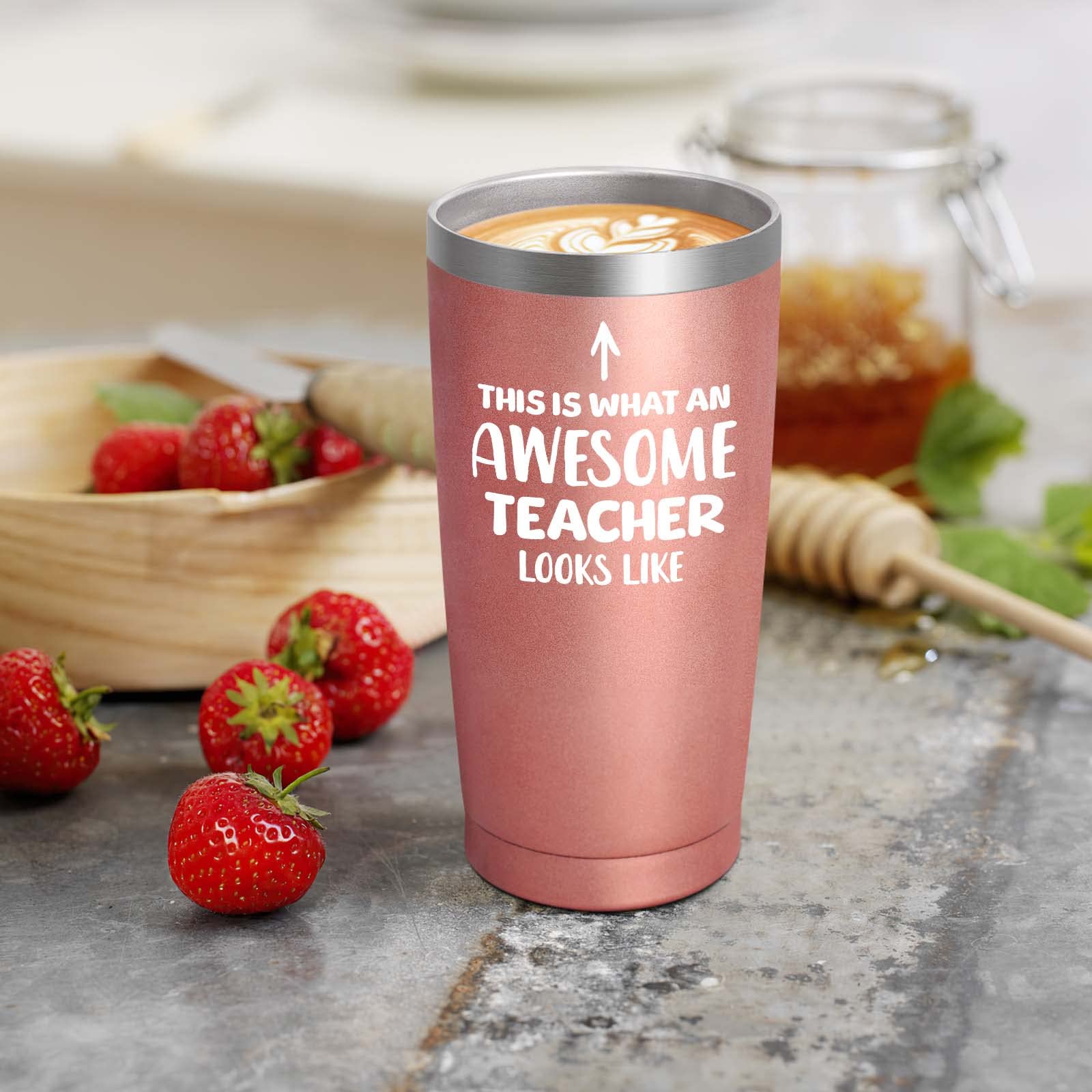 Livole End of Year Gifts Teachers,Teachers Gifts Women,Teacher Leaving Gifts,Thank You Teacher,Awesome Teacher,12OZ Double Walled Coffee Cup w/ Straw and Lid,600ml Insulated Coffee Mug,20oz-rose Gold - Image 2