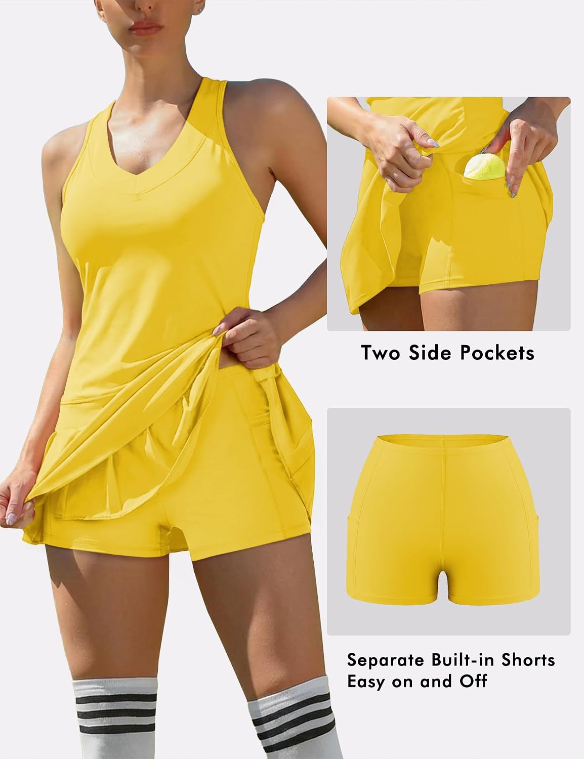 Saslax Women's Tennis Dress with Separate Shorts & Pockets, V-Neck Sleeveless Quick-Dry Workout Athletic Golf Dress