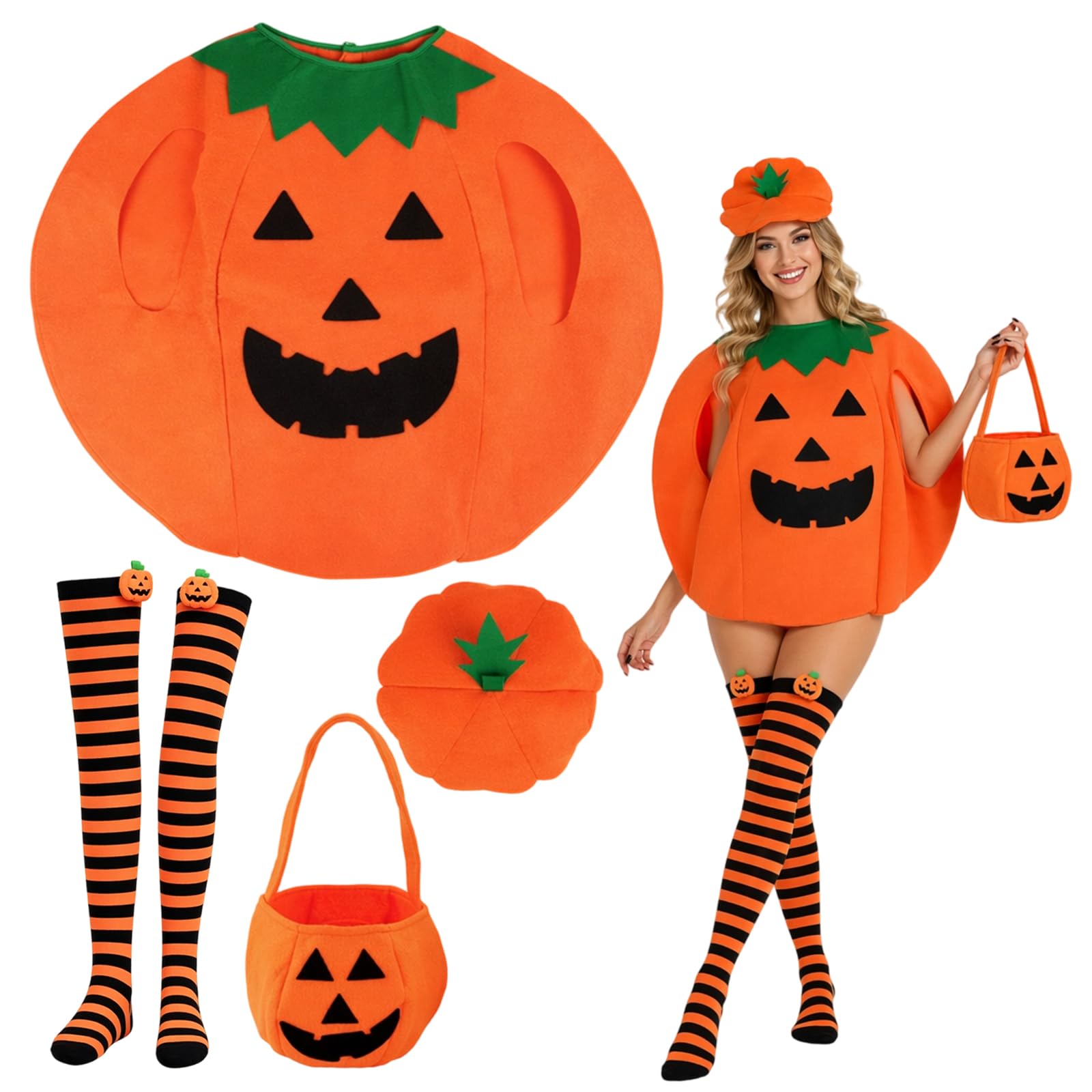 4-Piece Adult Pumpkin Costume with Hat, Dress, Bag and Striped Socks