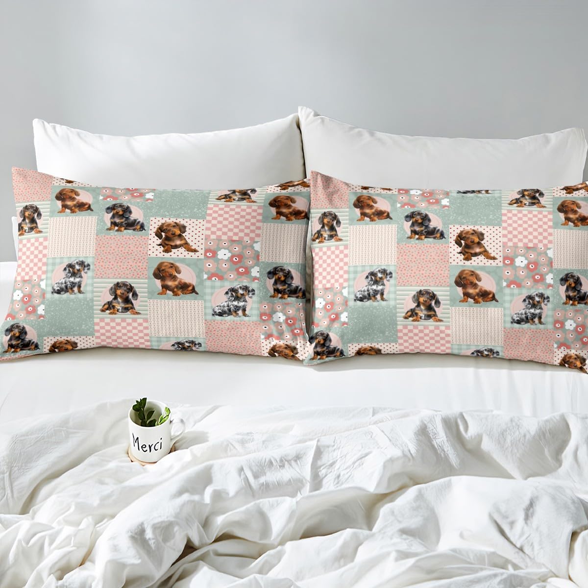 Castle Fairy 4 Pieces Sausage Dog Full Size Sheet Set Soft Microfiber Dachshund Fitted Flat Sheets and Pillowcases Puppy Dog Bedding Sets for Kids Teens Adults