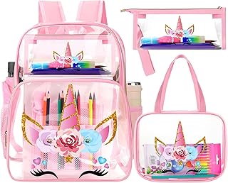 Kacctyen 3 Pcs Pink Christmas Clear Backpack Stadium Approved Backpack Clear School Backpack with Lunch Bag for Girls Boys(Unicorn Style)