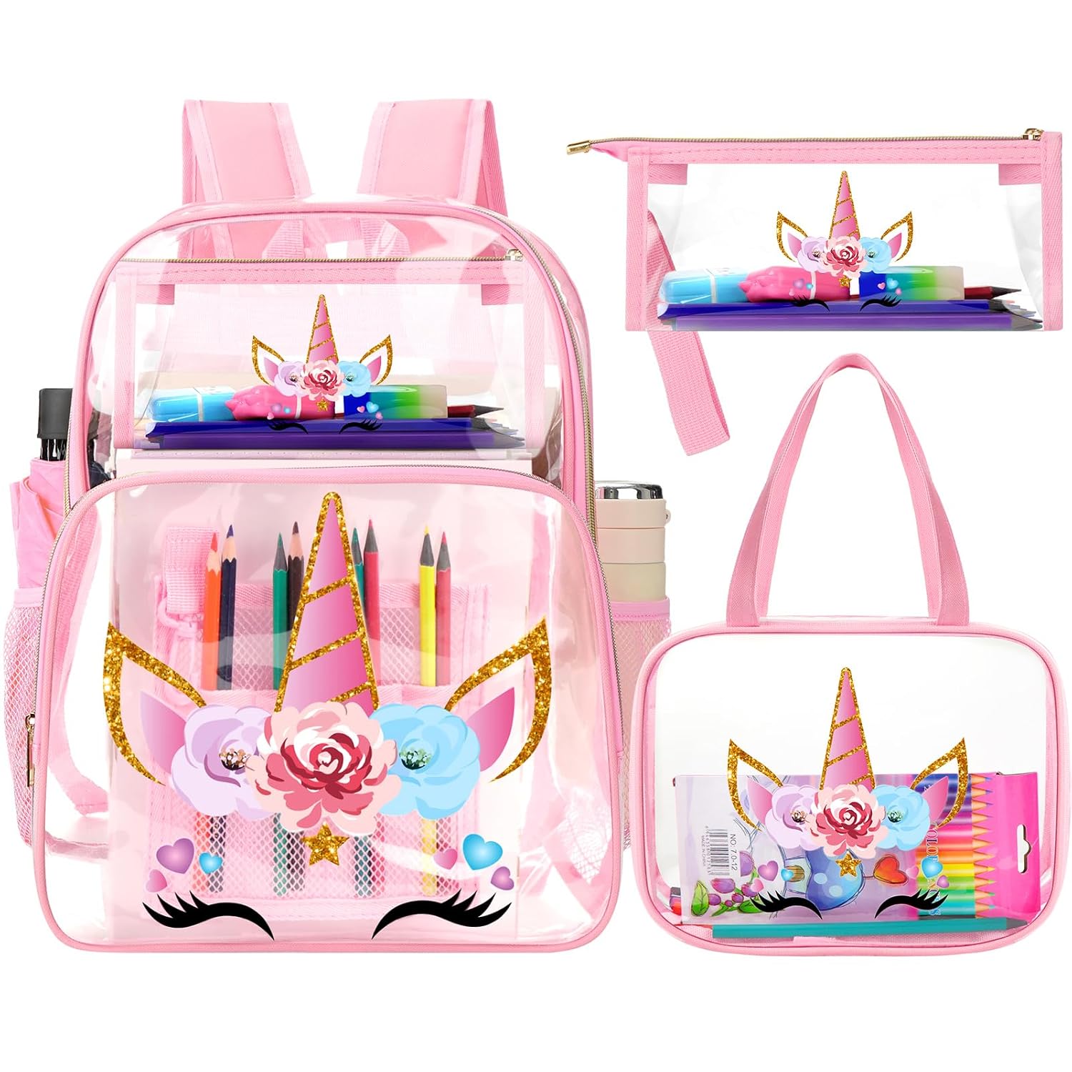 Kacctyen 3-Piece Clear Backpack Set - Heavy Duty PVC Stadium Bag With Lunch Bag & Pencil Case (Hot Pink) - View #2