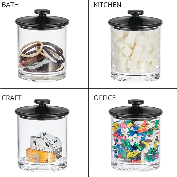 mDesign Small Modern Apothecary Storage Organizer Canister Jars - Acrylic Containers for Bathroom, Organization Holder for Vanity, Counter, Makeup Table, Lumiere Collection, 2 Pack, Clear/Black