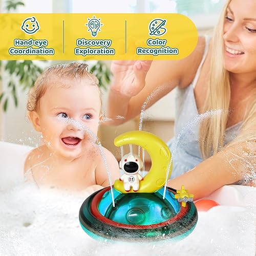 Miniatura 6 de Juguetes de baño para niños pequeños, aspersor astronauta, juguetes de bañera para niños pequeños con luz RGB, rotación y rocío, juguetes de baño