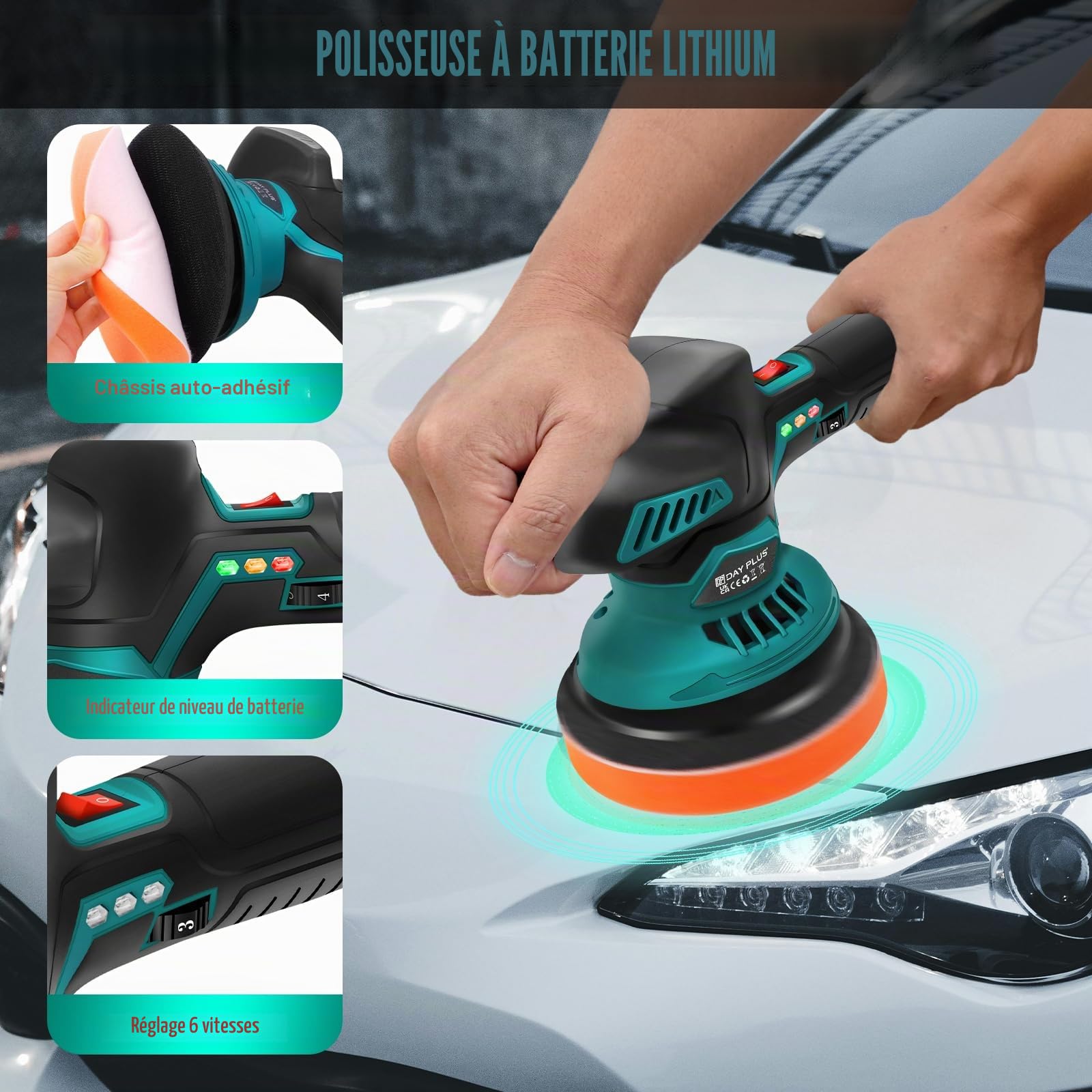 Polisseuse pour voiture à batterie, ensemble de polissage pour voiture à 6 vitesses variables 2800-5500 tr/min, 24 pièces d'embouts, 2 x batterie 12V 2,0 Ah - Polisseuse pour voiture pour l'entretien