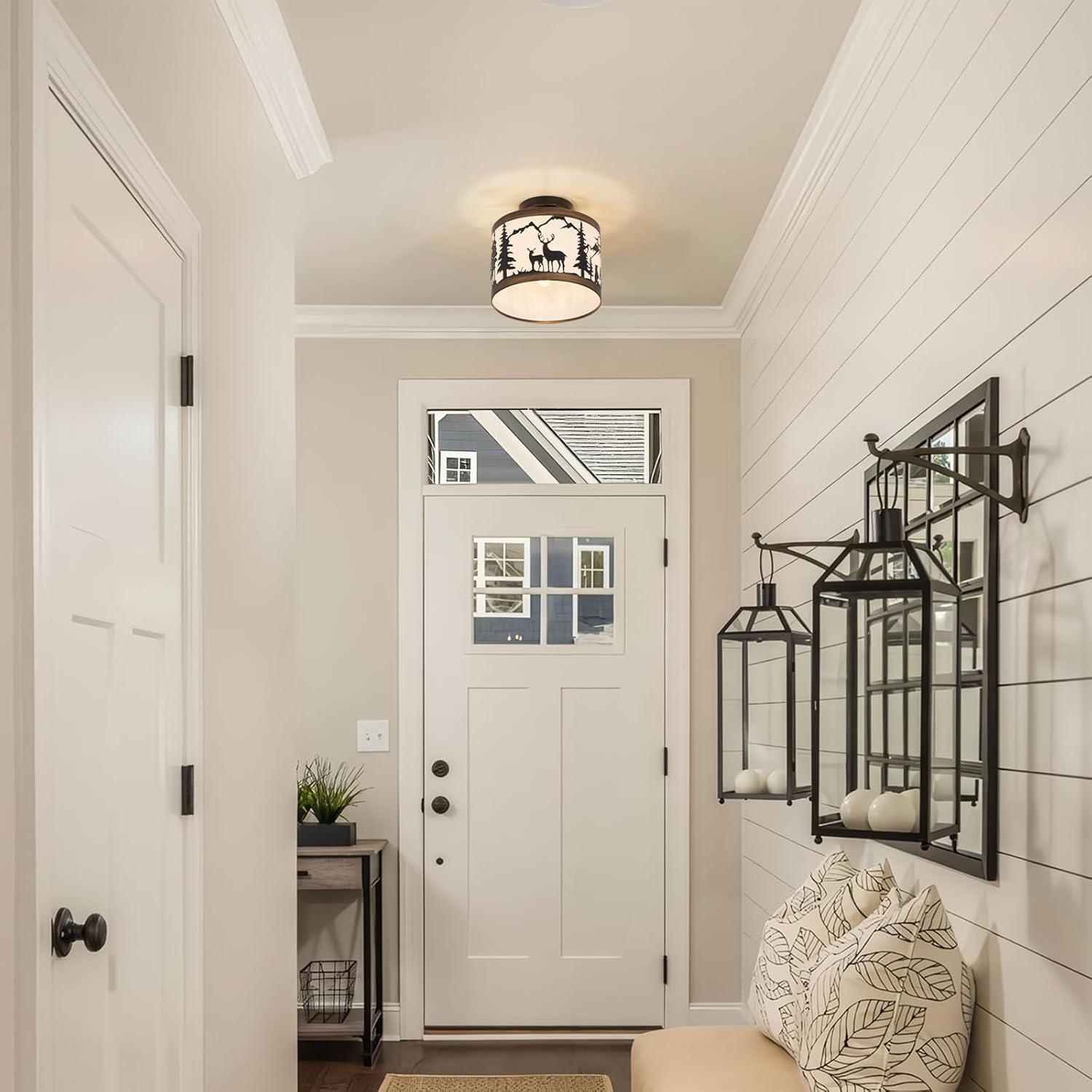 Rustic Farmhouse Semi-Flush Mount Ceiling Light with Shade, Deer & Bear Cabin Metal Fixture for Living Room, Bedroom, Hallway or Entryway, 9.5" E26 Base (Bulb Not Included)