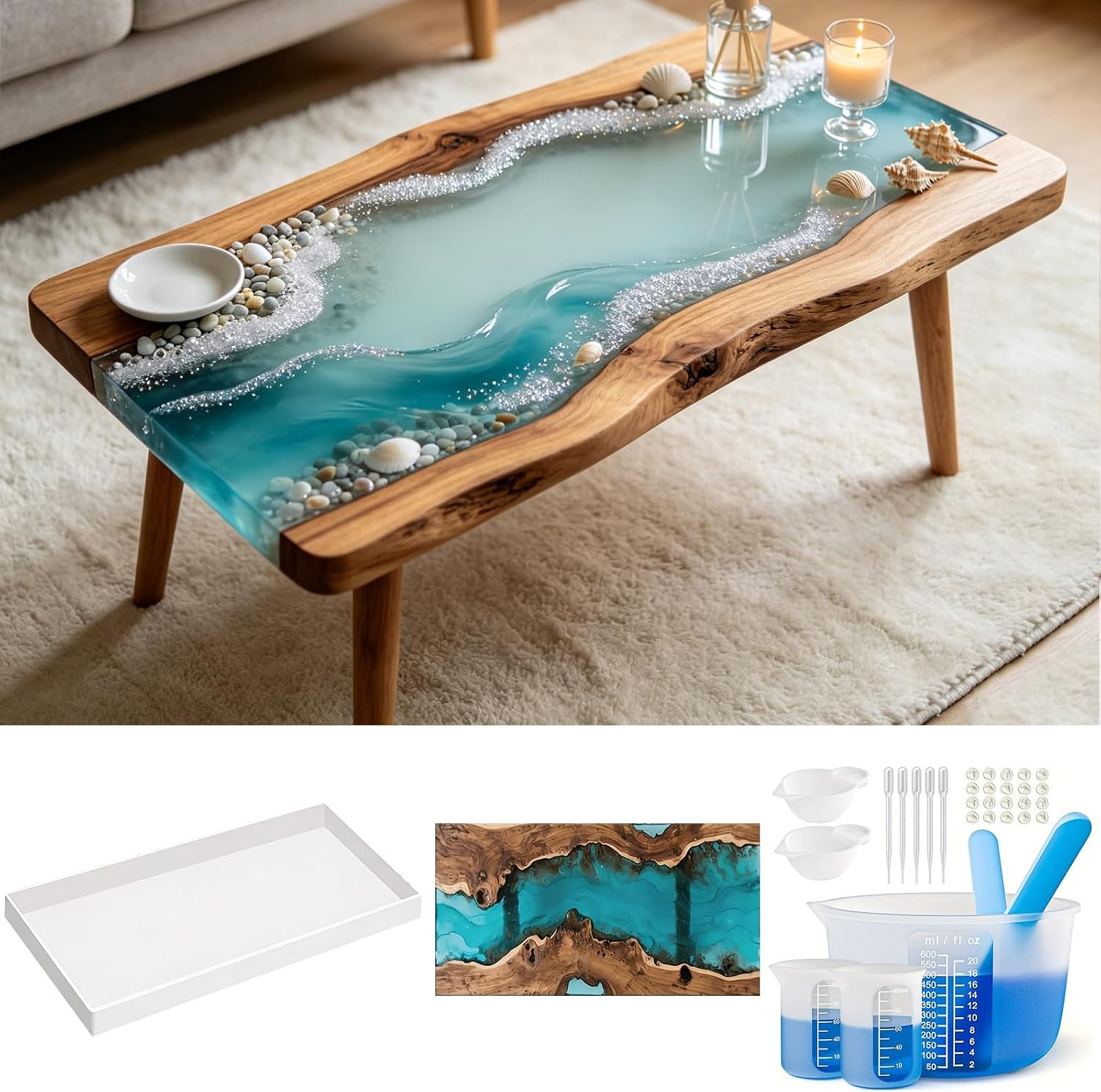22.5" Large Rectangular Silicone Resin Table Mold with Resin Cups Tool Kits