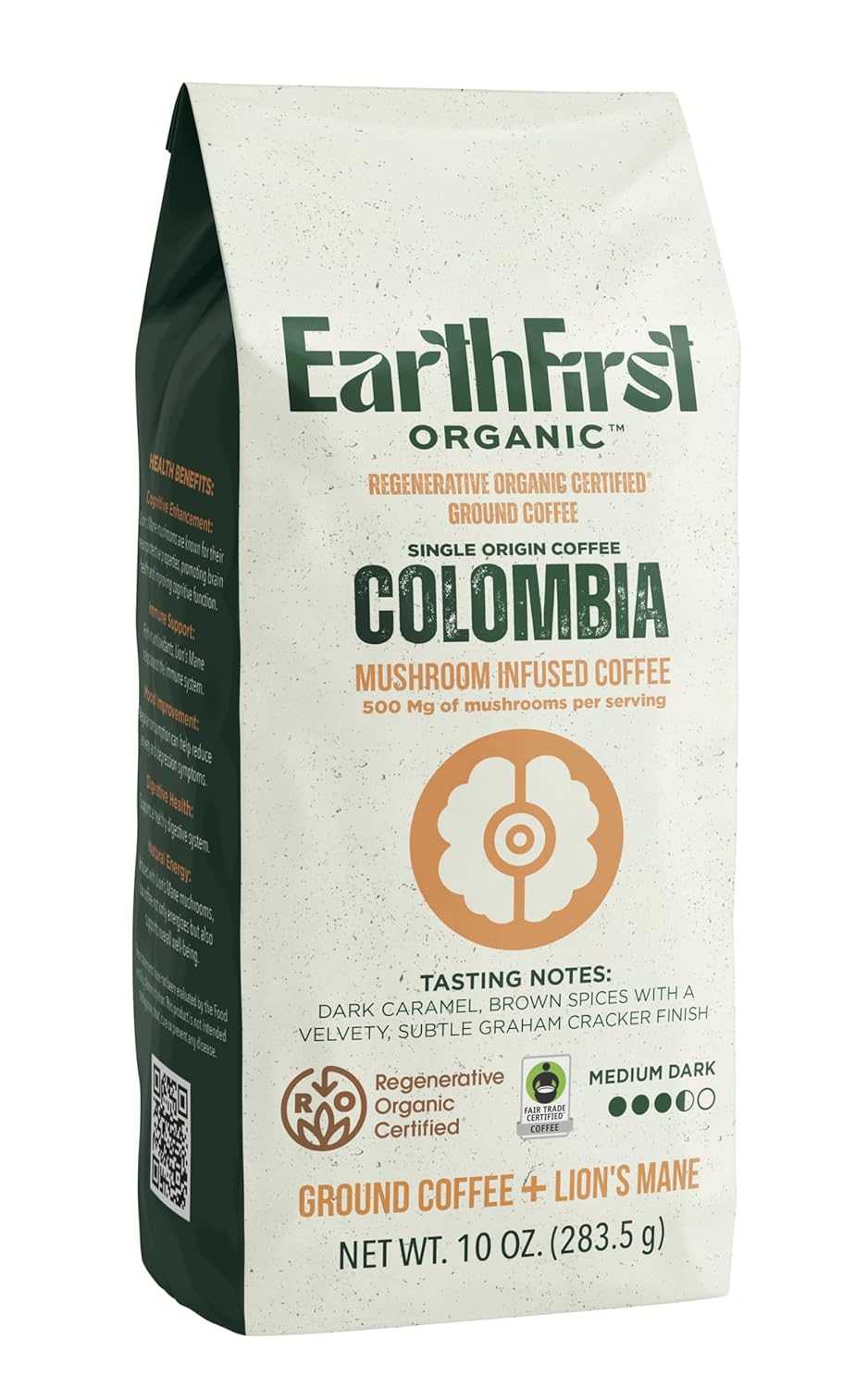 EarthFirst Organic Regenerative Organic Certified Coffee with 500 mg Lion’s Mane – Medium-Dark Roast, Tolima Colombia – Focus, Flavor & Planet Health – 10 oz Bag