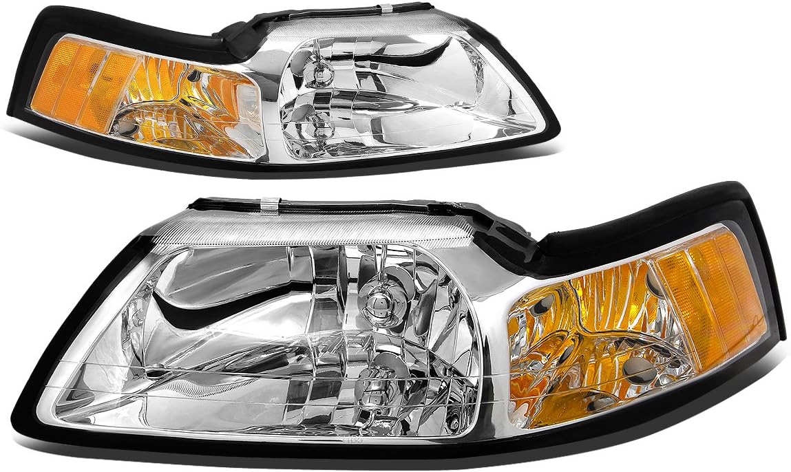 DNA MOTORING HL-OH-FM99-CH-AM Chrome Amber Headlights Replacement Compatible with 99-04 Mustang