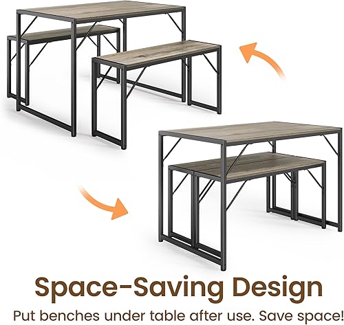 Miniatura 13 de Bealife Juego de mesa de comedor para 4 personas con marco de metal y tablero de MDF, mesa de cocina que ahorra espacio con 2 bancos, juego de mesa