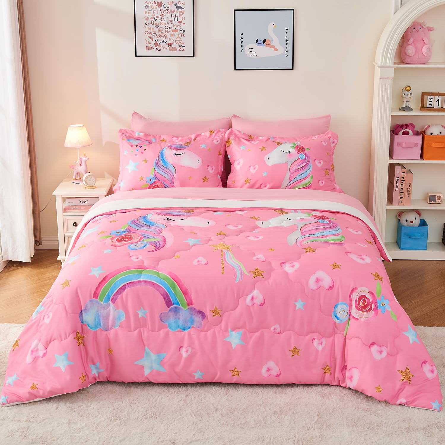 Parure de lit licorne rose 7 pièces : le cadeau d'anniversaire parfait pour fille