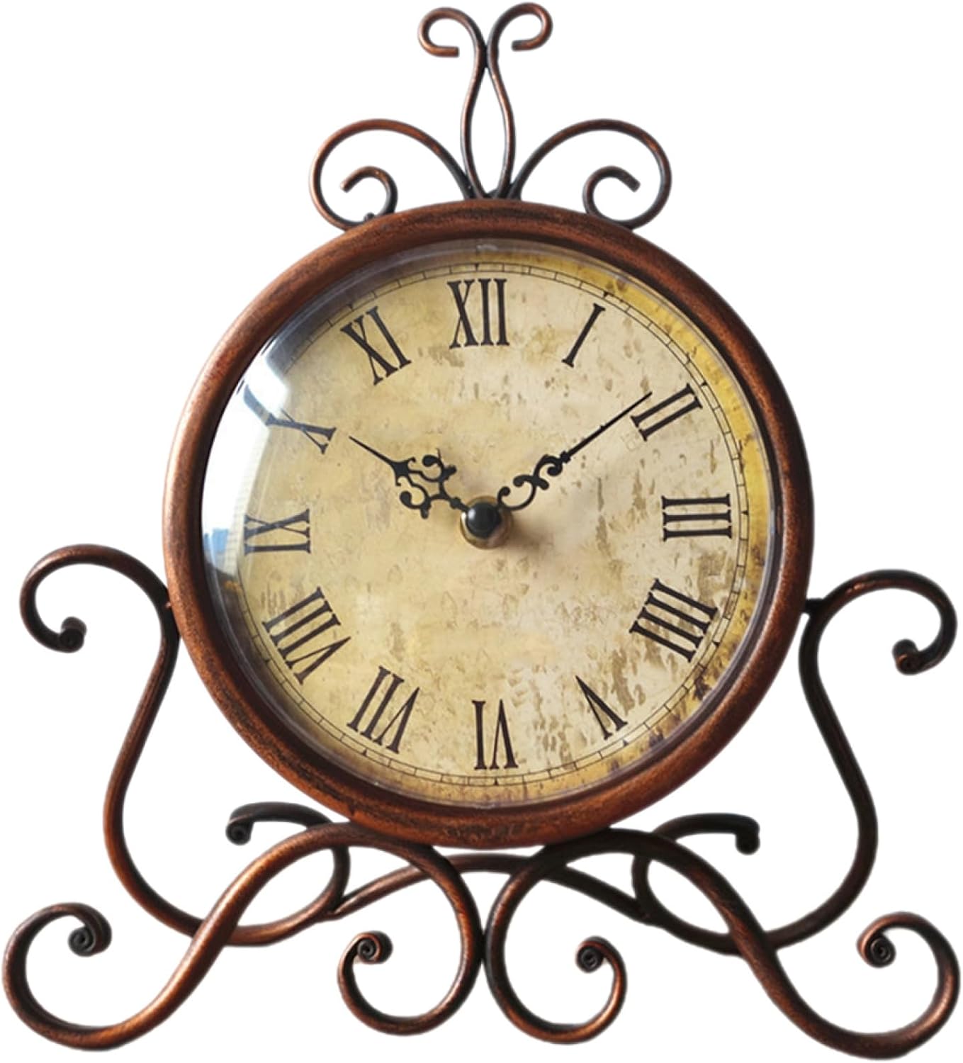 HOMSFOU Retro Iron Table Clock Vintage Mantel Desk Clock Brown Without Battery for Living Room and Bedroom Decor