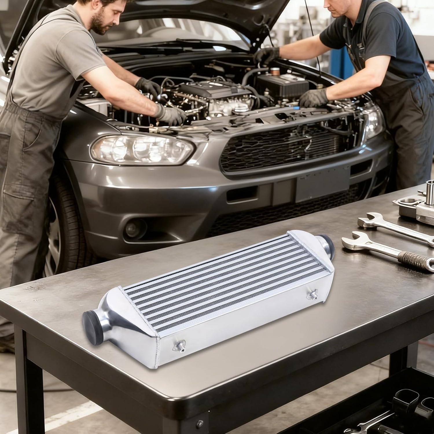 Universal Intercooler, 500HP Aluminum Turbo Intercooler, 3" Inlet & Outlet 5-50 PSI Intercooler Kit, Direct Replacement for Any Turbo Charger System, 3.5" Core Size, Overall Size 27"X7"X4"