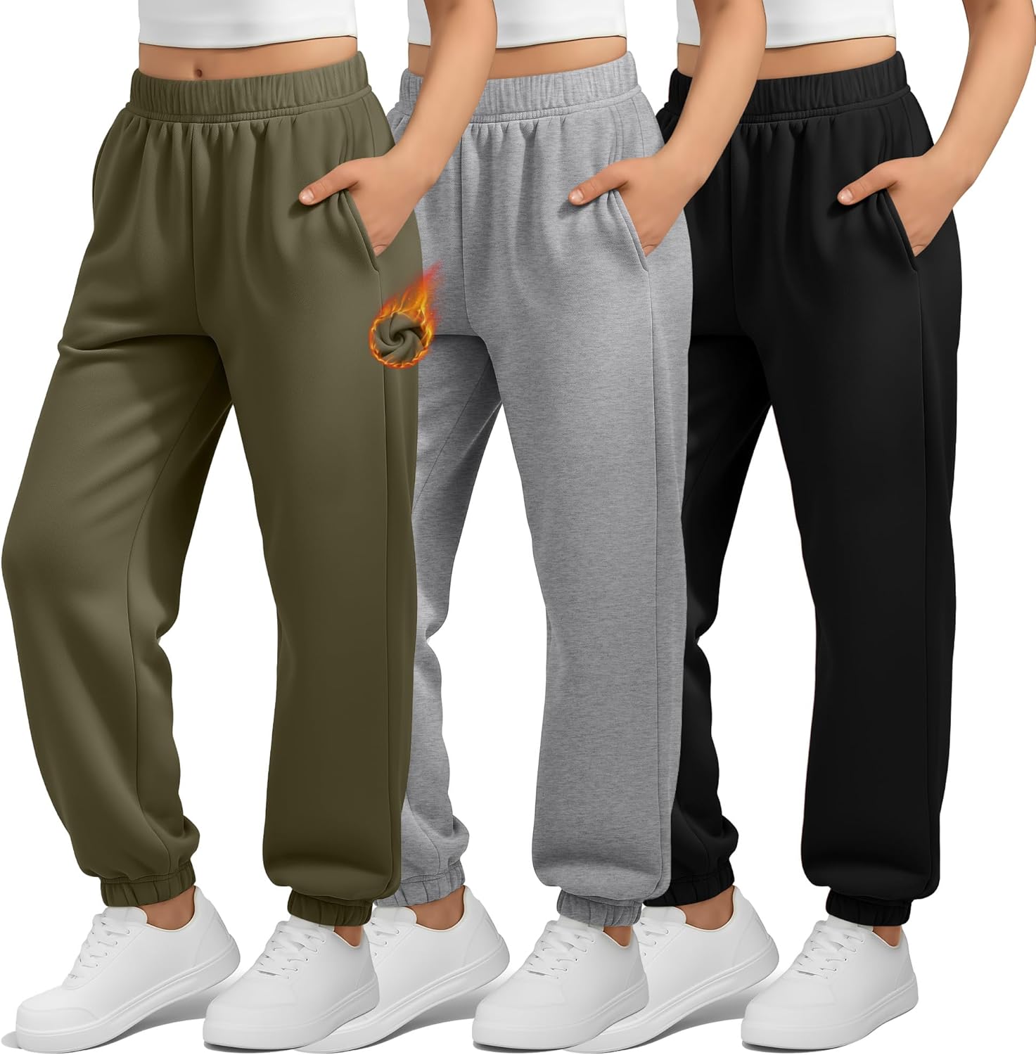 3 Pack Girls Fleece Joggers Sweatpants, 5-16 Years Thermal Baggy Elastic Waist Athletic Activewear with Pockets