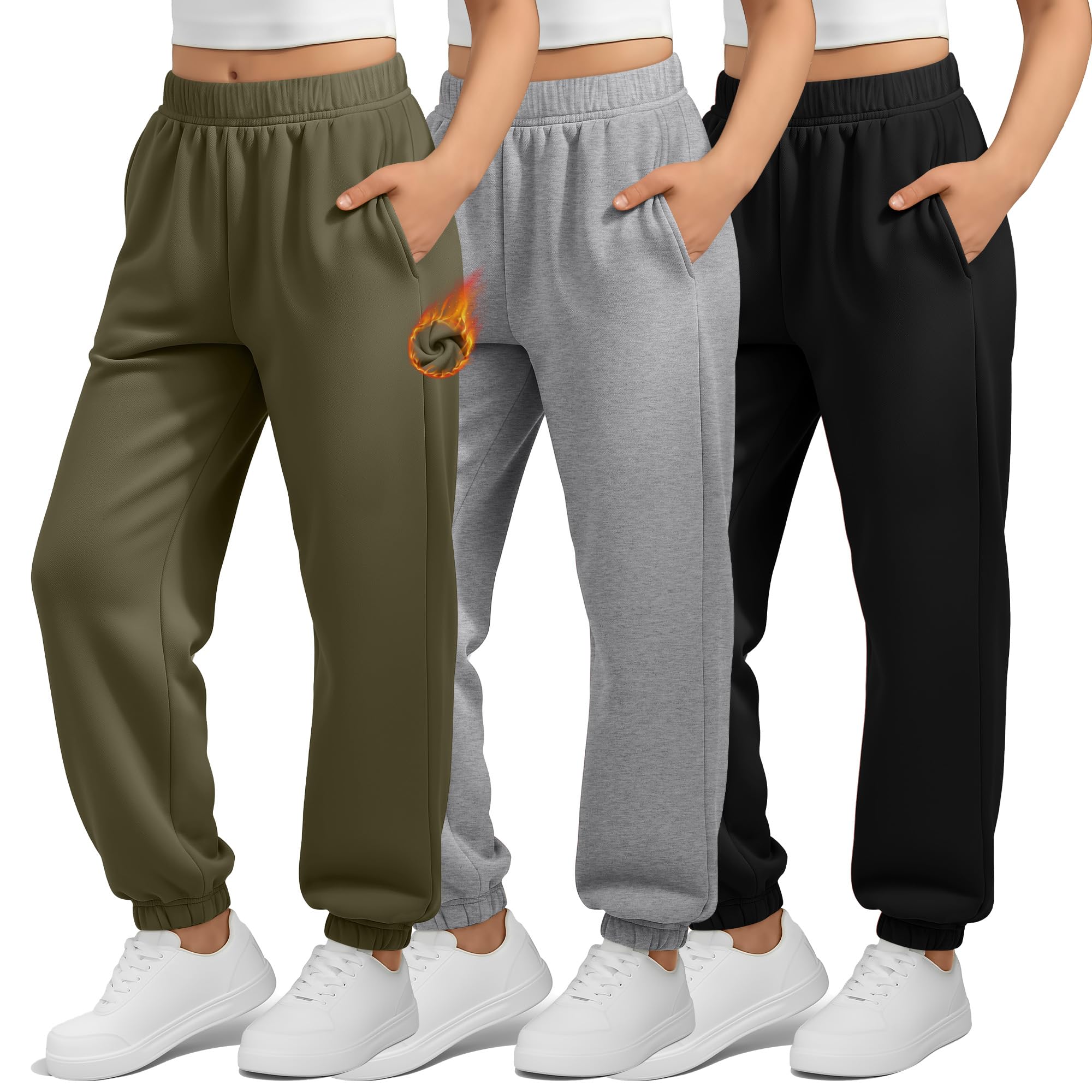 3 Pack Girls Fleece Sweatpants Thermal Joggers Pants