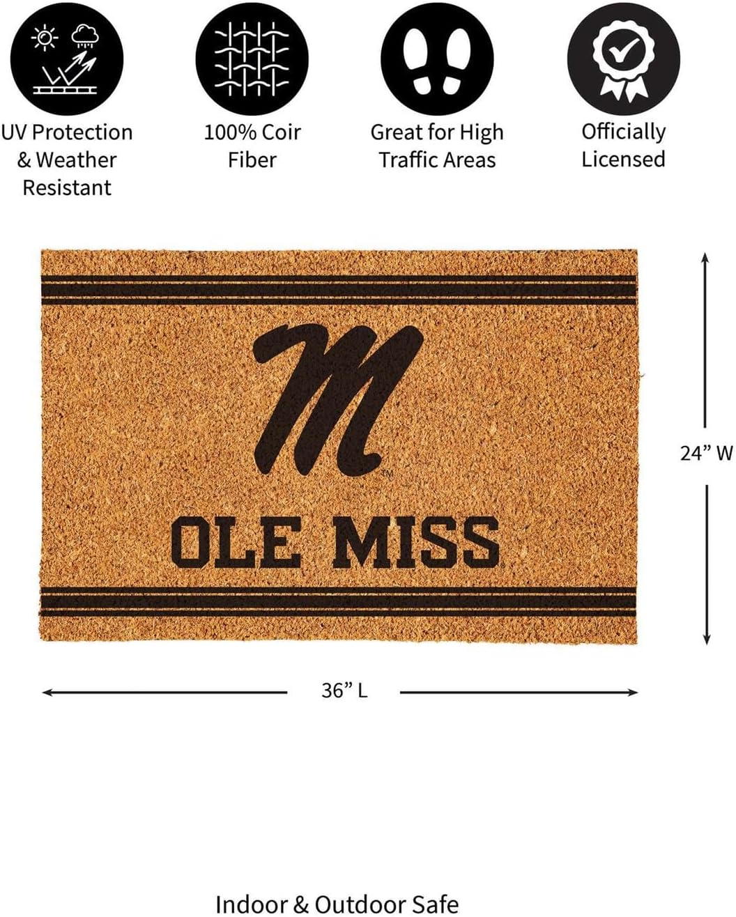 NCAA University of Mississippi Coir Doormat 36"x24", Officially Licensed Team Logo, 2'x3' Large Front Door Mat, Non-Slip Entrance Rug, Welcome Mat for Porch Patio Deck