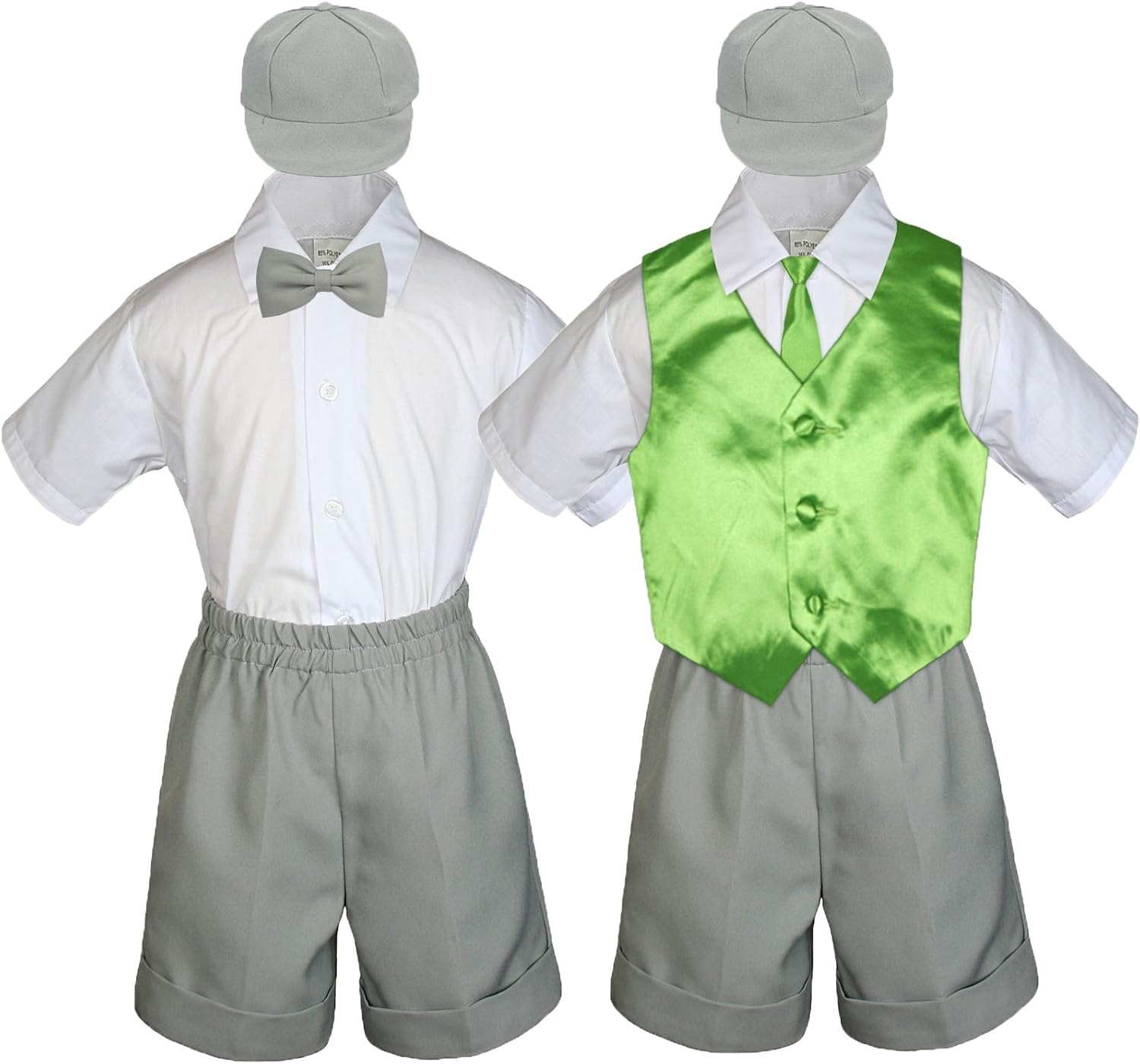 Baby Toddler Boy Event Party Suit Gray Shorts Shirt Hat Necktie Vest Set Sm-4T (Large (12-18 Months), Lime)