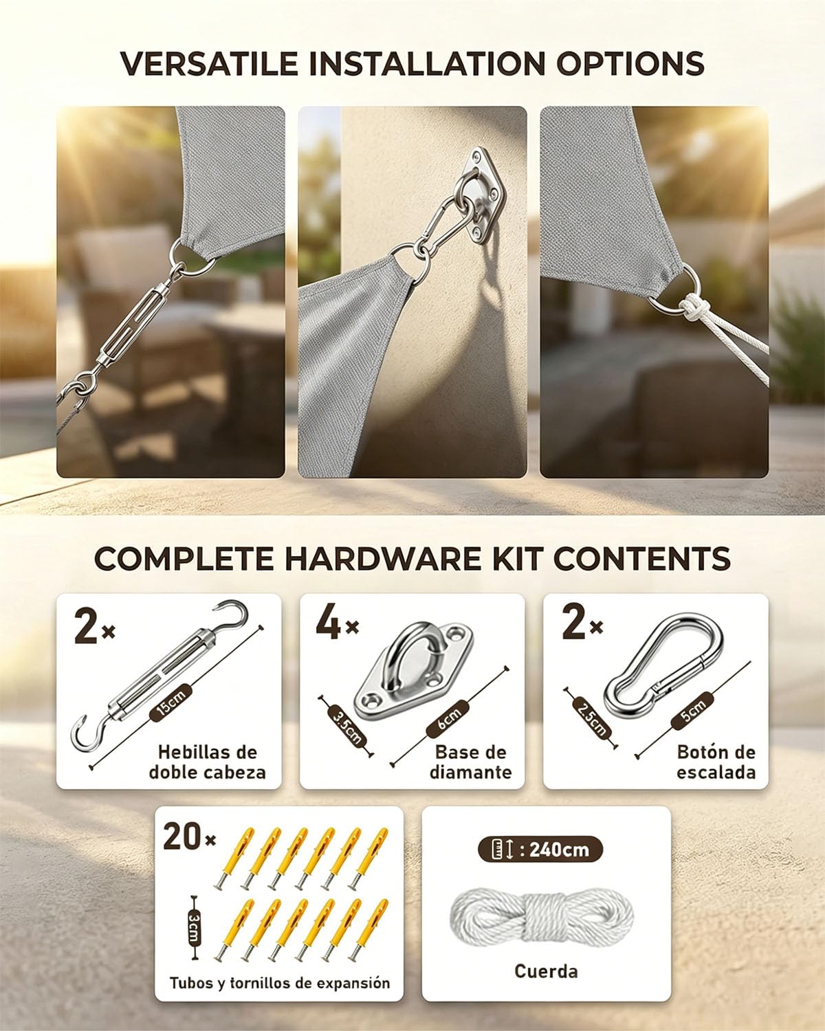 Vela de Sombra Rectangular 3x4m con Kit de Instalación, HDPE Impermeable y Antidesgarro, Protección UV, Resistente al Viento, Incluye Accesorios, Balcón, Jardín o Patio, Gris
