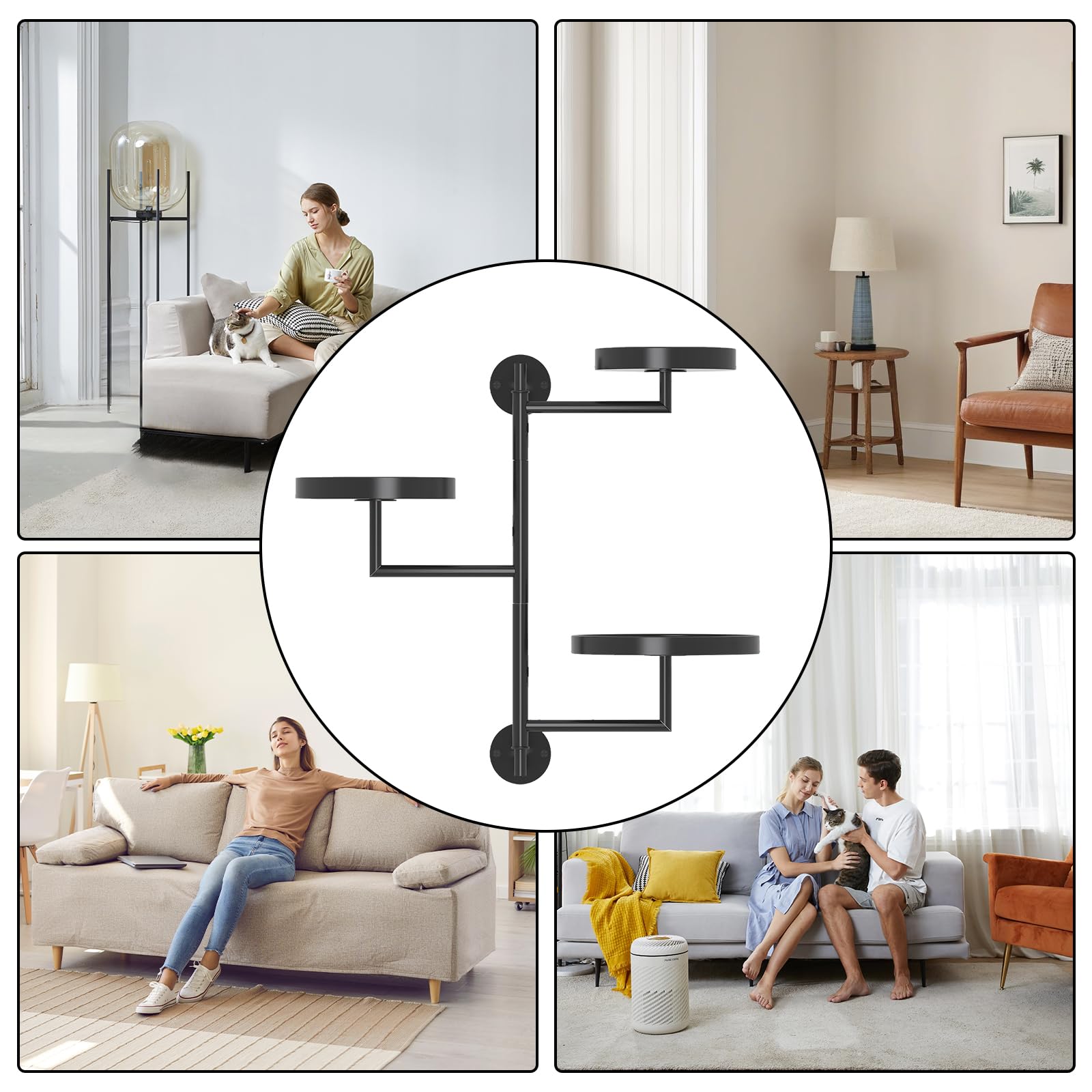 Estanteria para Plantas Interior, Soporte para Plantas de Metal de 3 Niveles, Estante para Plantas de Pared Giratorio de 180°, Estante Flotante para Plantas Montado en la Pared para Espacios Pequeños
