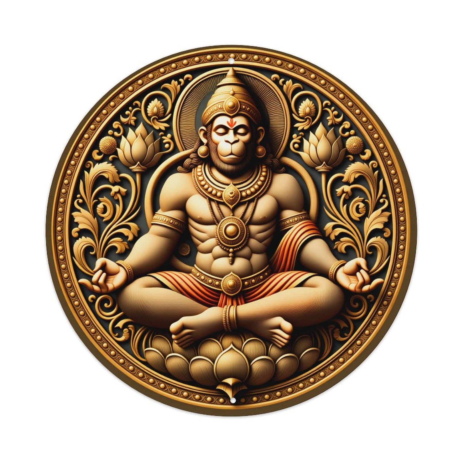 Golden Monkey Deity Meditating On Lotus With Ornate Art Round Vintage Tin Sign,Retro Wall Art,Metal Poster for Home, Bar, Garage, Cafe, Rustic Indoor & Outdoor Decor, 8x8 Inches