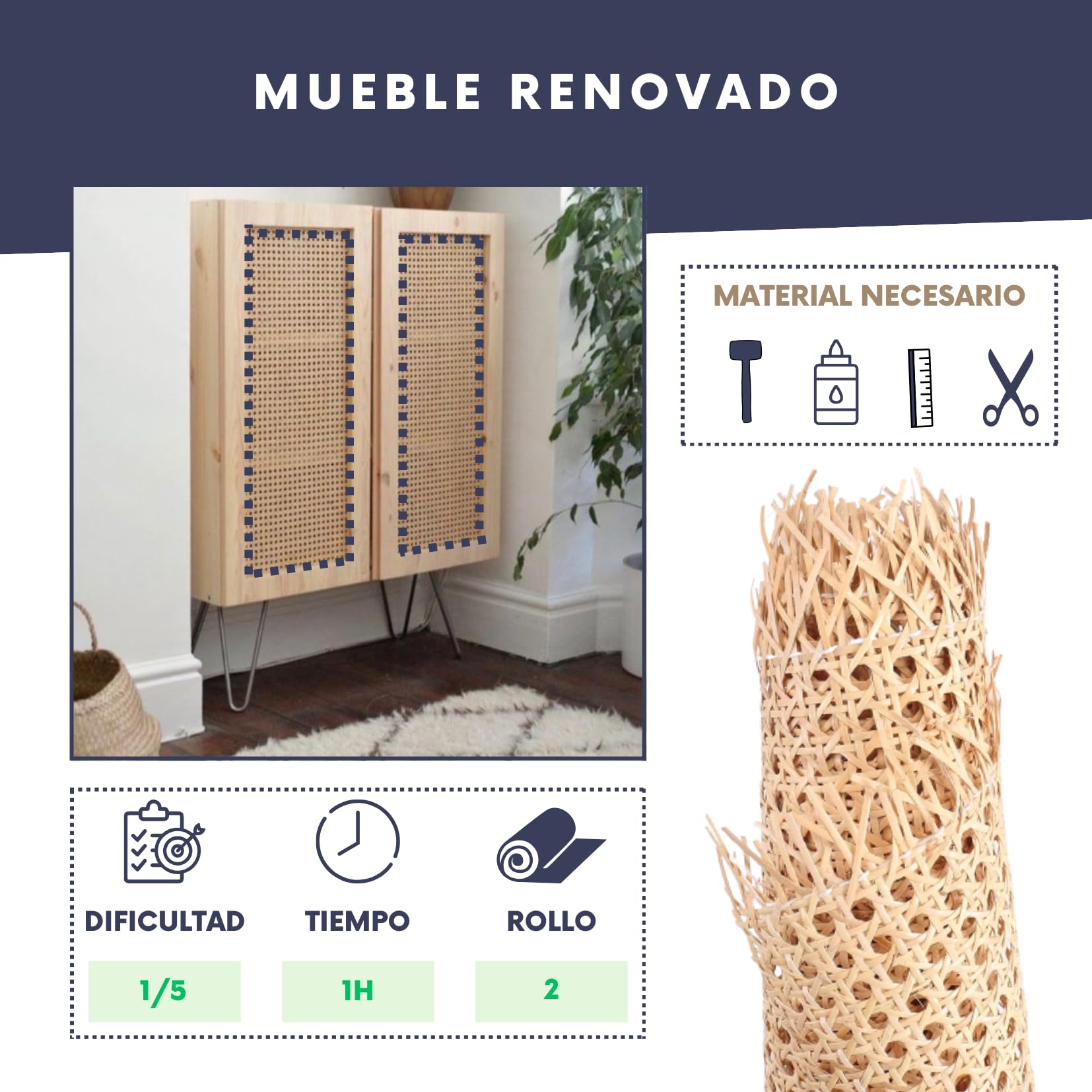 Rollo de caña de ratán Natural 60 CMx1 M Creaciones y Restauraciones de Muebles con Elegancia