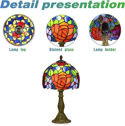 Miniatura 4 de Lámpara de mesa estilo Tiffany, lámpara de mesa de vitral, lámpara de noche hecha a mano con rosas rojas de 8 pulgadas, lámpara de escritorio para
