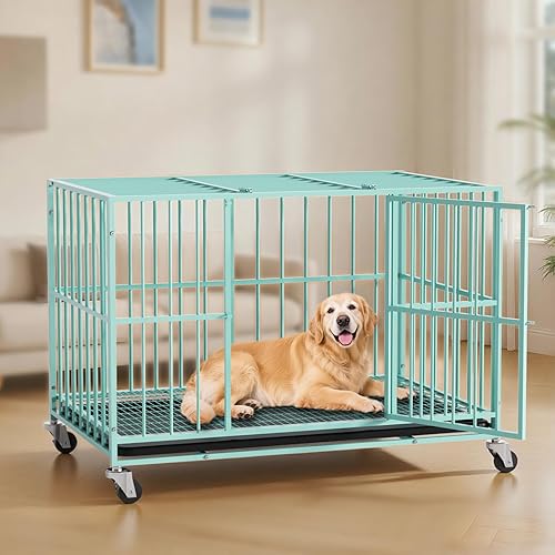 Miniatura 16 de Jaula de acero resistente de 48 pulgadas para perros, a prueba de escape, puertas dobles para interiores y ruedas con cerradura, bandeja extraíble