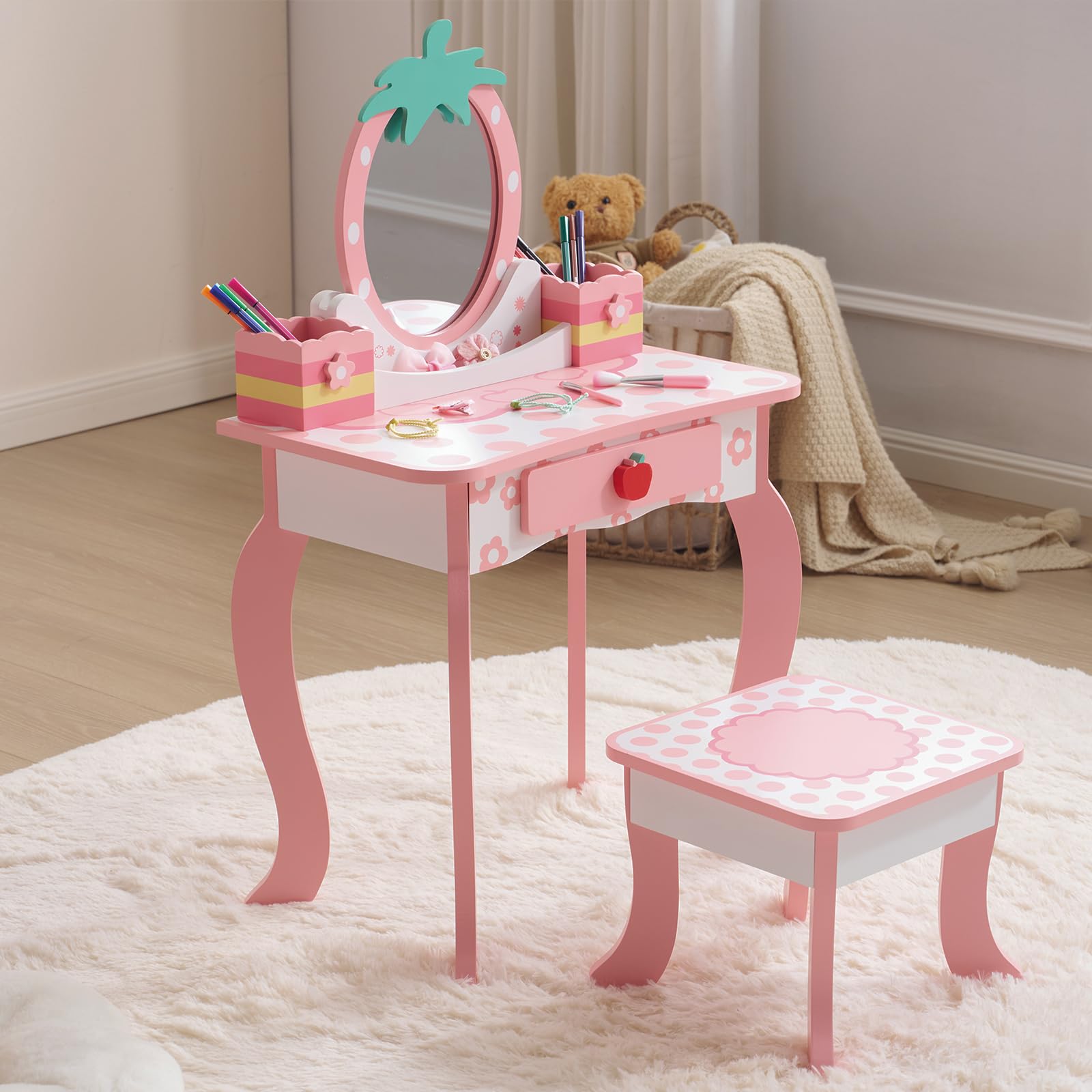 LEADZM Coiffeuse pour Enfants avec Miroir à Trois Volets, Coiffeuse Fille avec Imprimé Fruit Mignon & Tabouret, Table de Maquillage Princesse, pour 3 Ans+ (Rose)