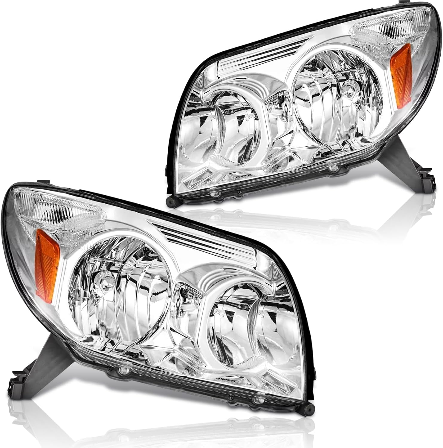 Headlights Assembly Pair for 2003 2004 2005 Toyota 4Runner Headlamps Head Lights Replacement Left Driver and Right Passenger Side,Chrome Housing Amber Reflector