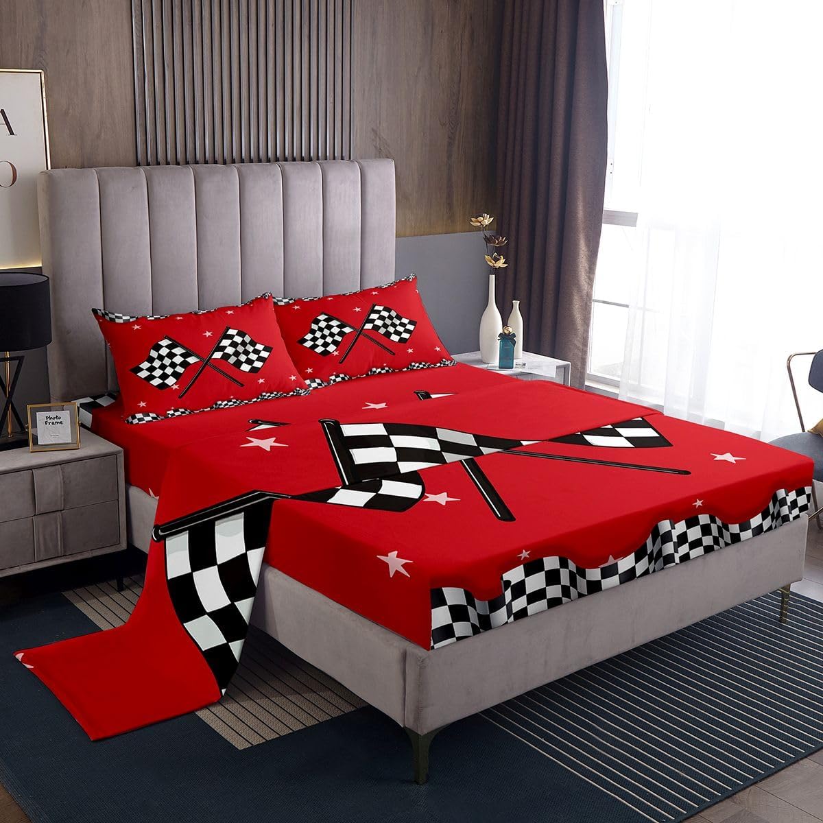 Erosebridal Racing Car Themed Sheet Set Full,Cool Race Car Sports Bed Sheets Set,Black White Buffalo Plaid Checkered Flag Bedding Set,Extreme Sports Competition Top Sheet 4Pcs with 2 Pillow Cases,Red