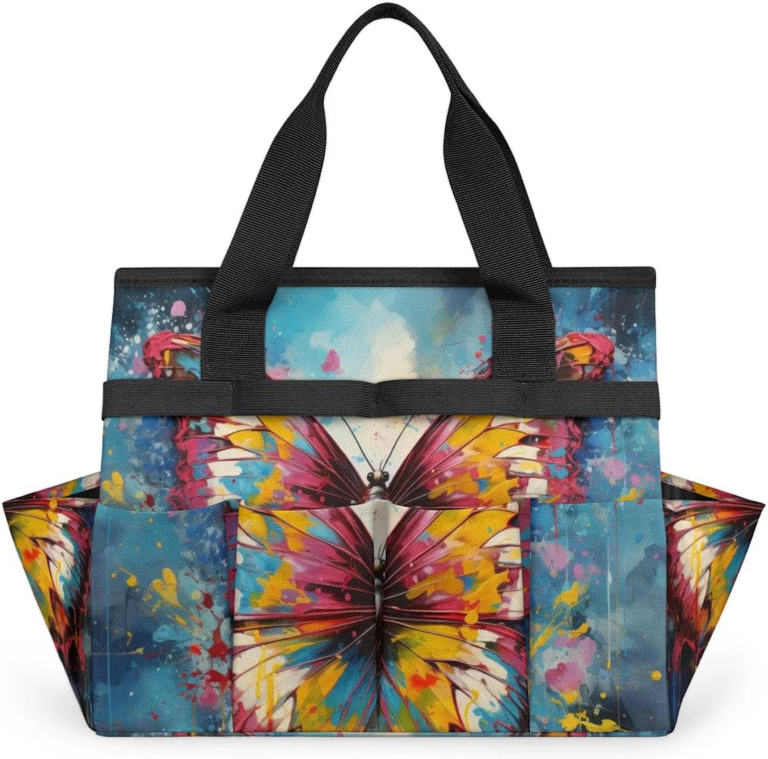Garden Tool Bag Organizer Garden Tote Bag with Pockets Watercolor Painting Butterfly Tool Storage Organizer Gardening Tool Kit Holder 13" x 6.8" x 2.8"