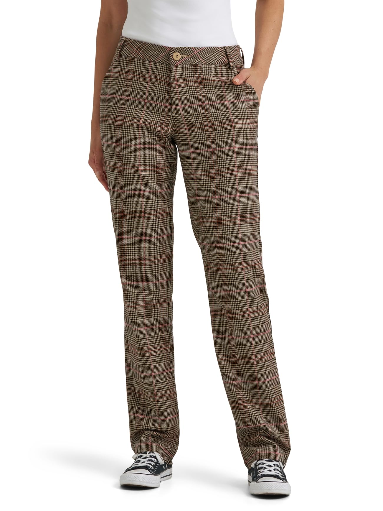 Lee Women's Wrinkle Free Relaxed Fit Straight Leg Pant, Straw Plaid, 2