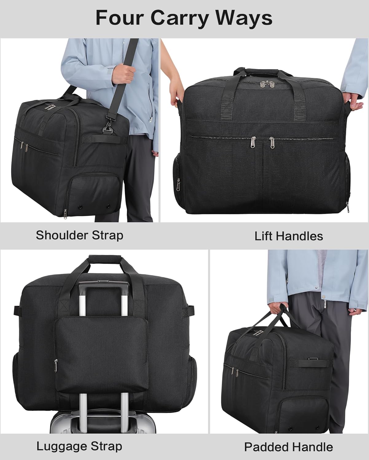 120L Foldable Large Travel Duffle Bag for Men and Women, Packable Duffel Bags with Shoe Compartment, Water Repellent & Tear Resistant (Black) - Image 6