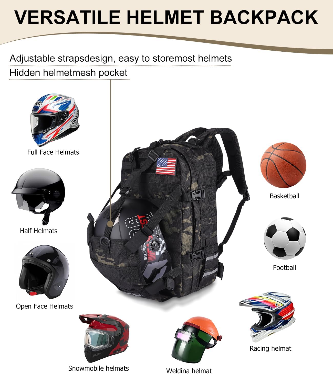 Motorcycle Cycling Helmet Backpack, Large Capacity Waterproof Helmet Holder, Storage Bag Hiking Backpack - Image 6