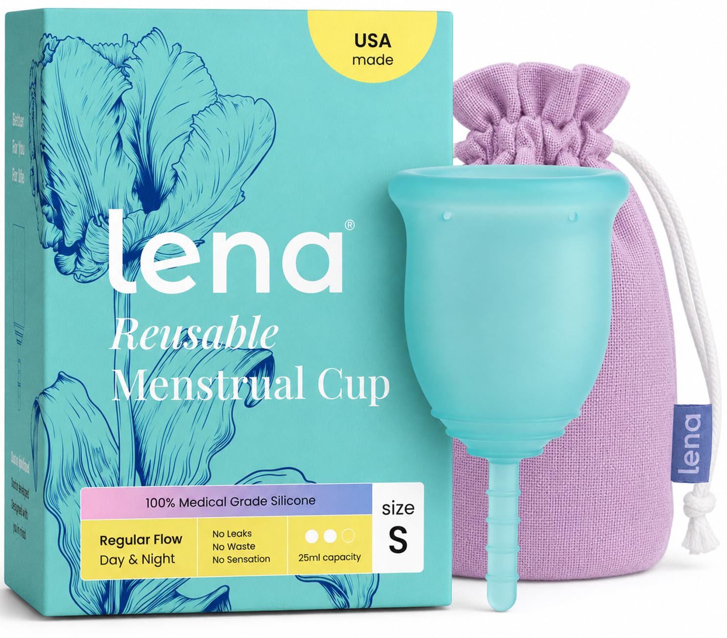 Lena Menstrual Cup - Soft Reusable Period Cups for Women - Small, Turquoise