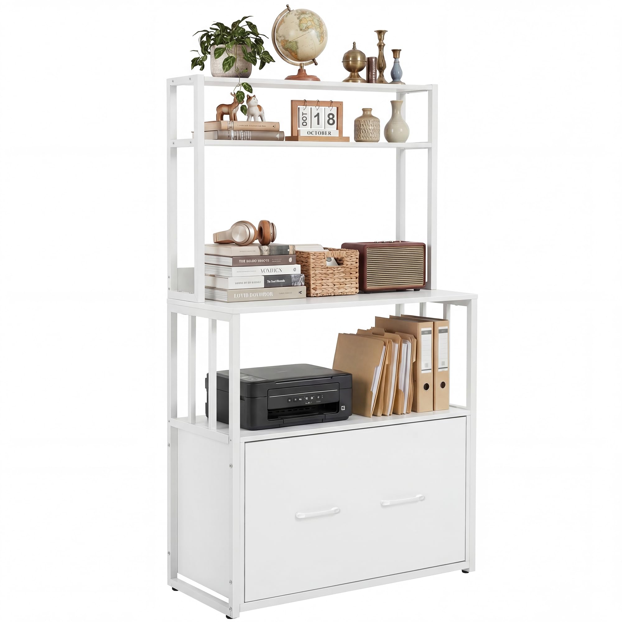 YITAHOME Filing Cabinet with Drawer & Bookshelf, White