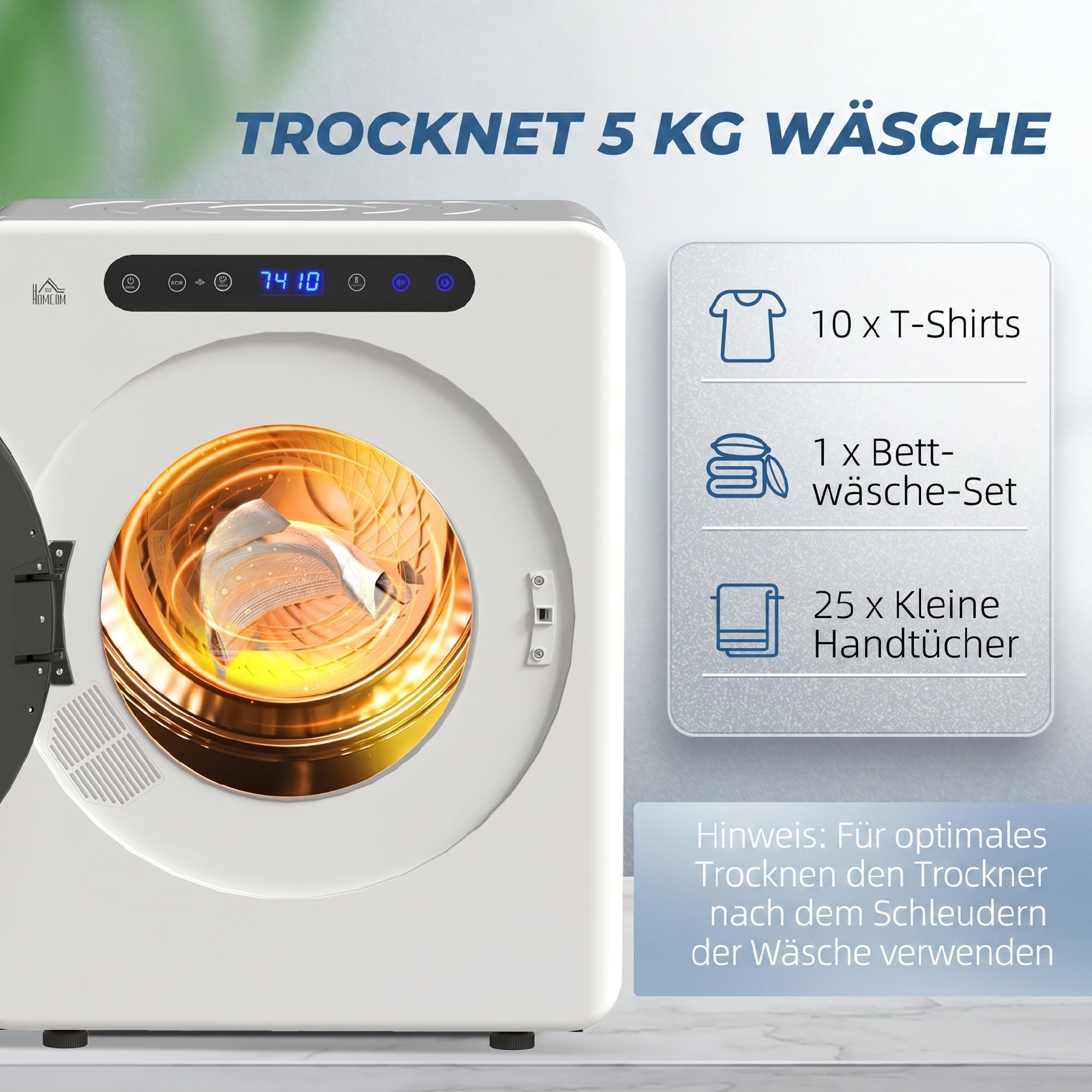 HOMCOM Mini Ablufttrockner 5kg Wäschetrockner mit Sterilisation, 6 Programmen bis zu 60℃, 1000W Trockner mit Touch-Screen, Knitterschutz, Edelstahltrommel, Extra-Trocken-Modus Weiß