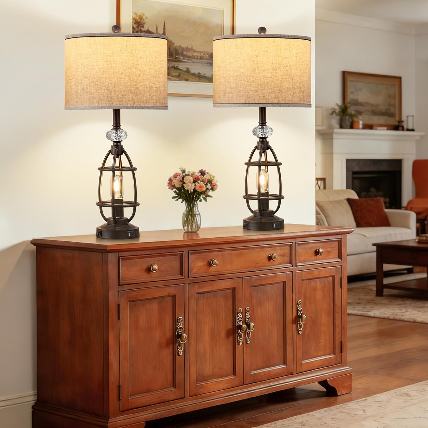 28'' Set of 2 Farmhouse Table Lamps Included 4 Bulbs for Living Room, Industrial Nightstand Table Lamps with USB +C Charging Ports for Bedroom End Table (Rustic Brown)