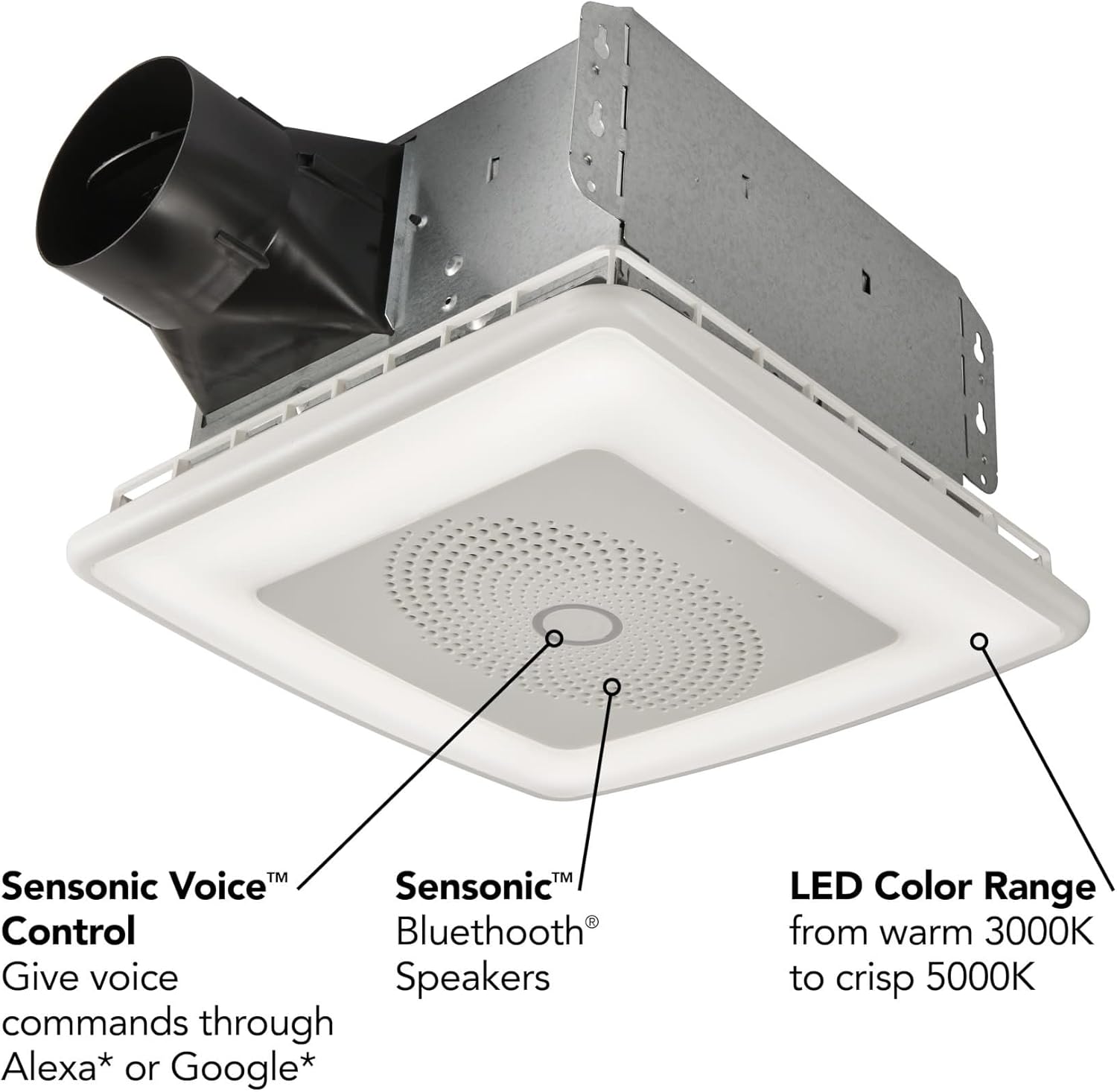 Broan-NuTone VC110CCT Sensonic Alexa Voice Controlled Smart Exhaust Fan with Dimmable LED Light and Bluetooth Speakers, 110 CFM,White, 13.25"x13.25"x5.75"