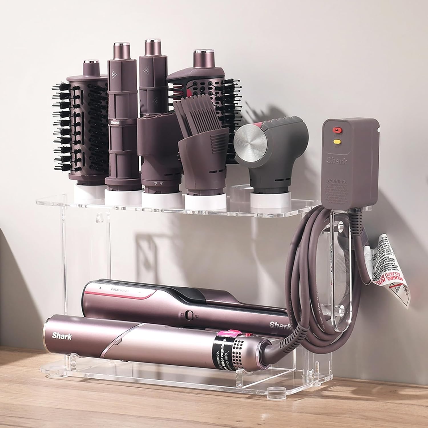 Hair Tool Holder for Dyson Airwrap Attachments, Storage Holder Compatible with Shark FlexStyle FlexFusion, Acrylic Display Rack Countertop Organizer Wall Mount for Hair Stylers, Clear&White Hair Tool Holder for Dyson Airwrap Attachments, Storage Holder Compatible with Shark FlexStyle FlexFusion, Acrylic Display Rack Countertop Organizer Wall Mount for Hair Stylers, Clear&White
