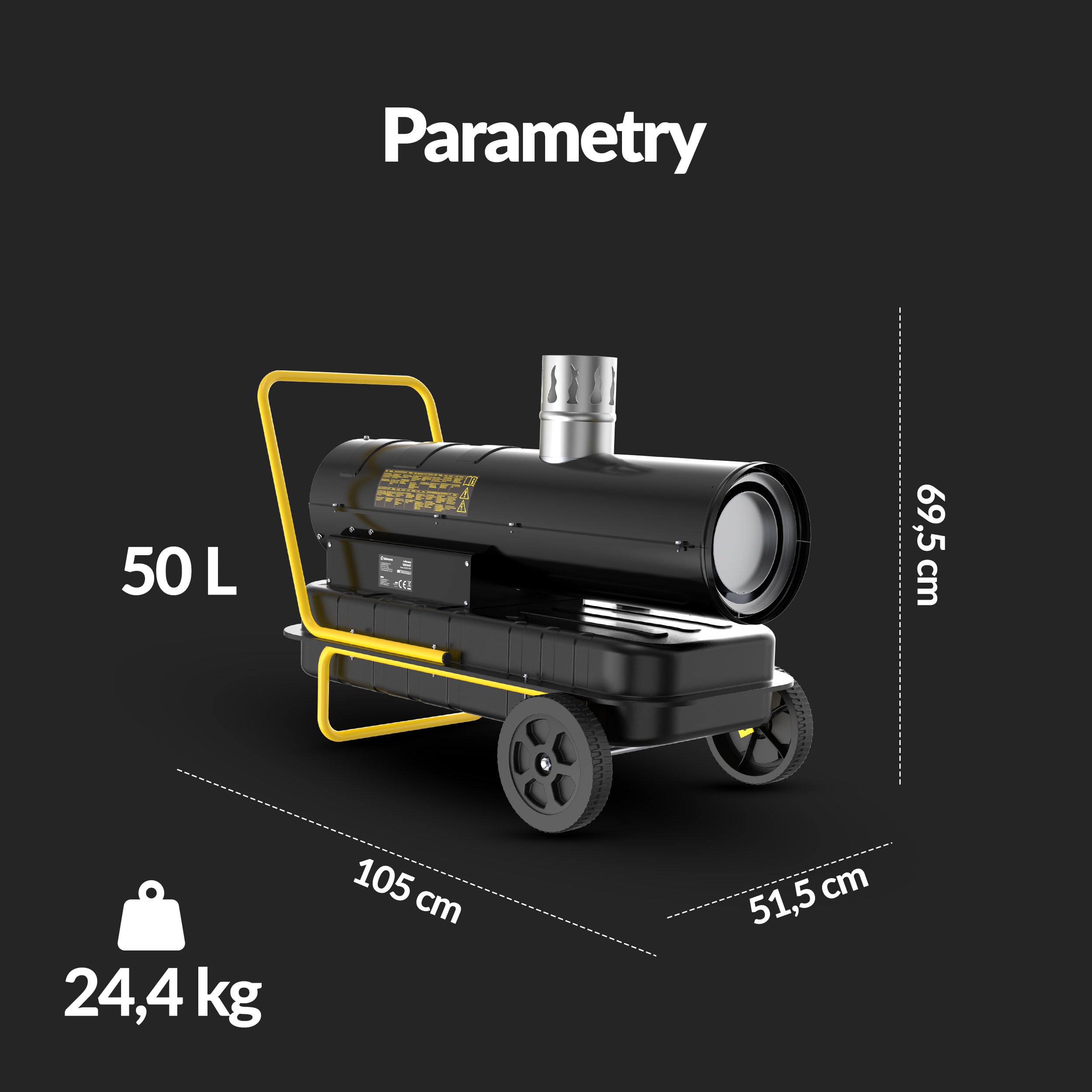 LEHMANN Nagrzewnica Olejowa 30 kW z Kominem, Nagrzewnica Diesla 793 m³/h, Nagrzewnica Nadmuchowa, Budowlana, Pośrednie Spalanie, Termostat, Zbiornik 50 l, Warsztat, Budowa, Magazyn
