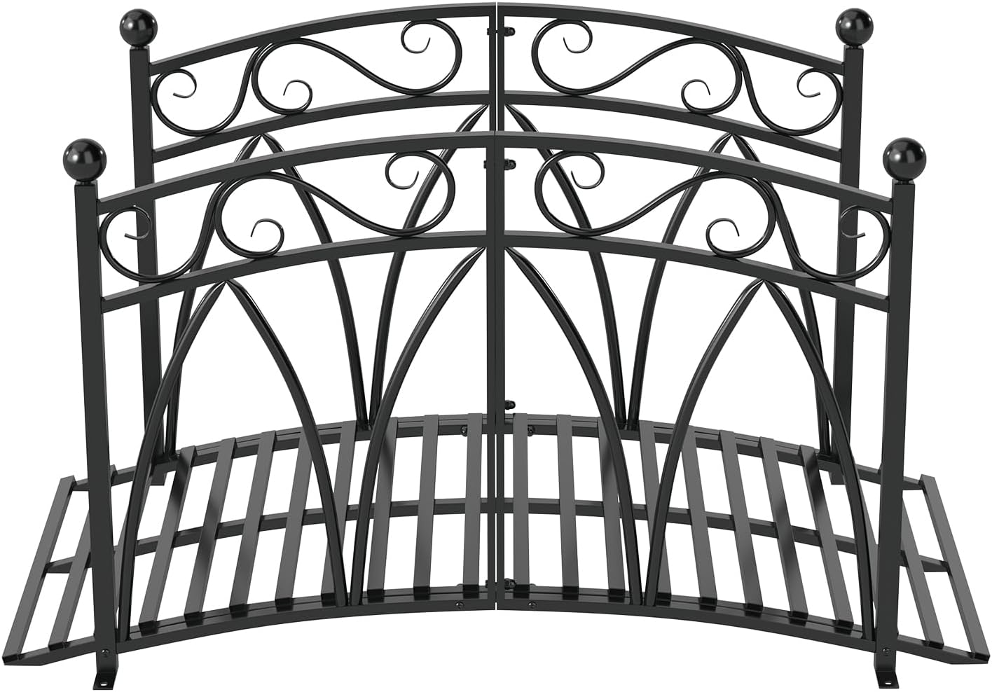 4 Ft Garden Bridge - Metal Footbridge for Outdoors, Safety Side Rails with Fashionable Patterns, Decorative Garden Arch Walkway for Stream, Creek, Pond, Black