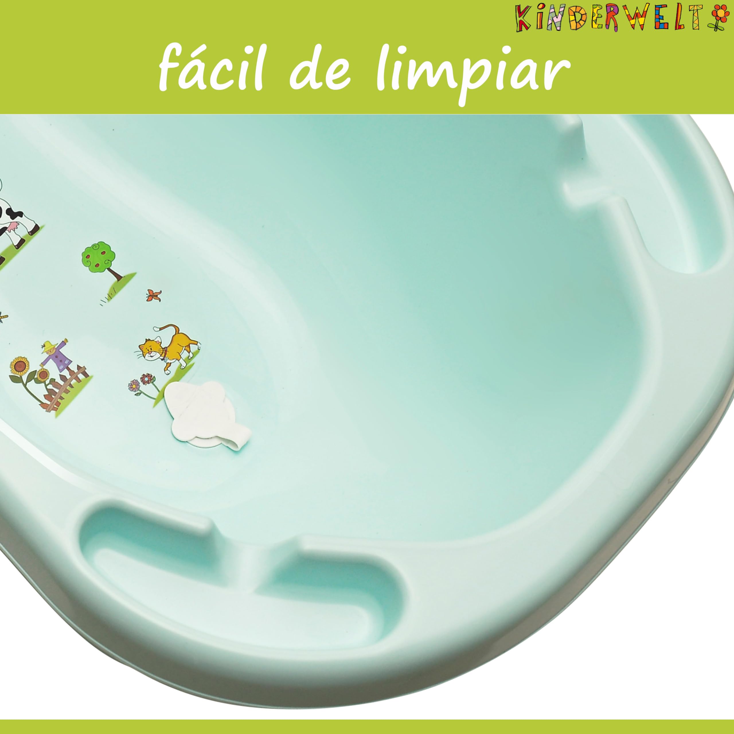 KiNDERWELT Bañera de bebé 100 cm - Bañera para bebé con motivo Funny Farm - Libre de BPA - Bañera para bañar a bebés y recién nacidos - aqua