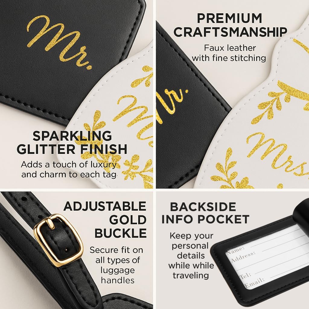 Luggage Tags for Couples, Bride & Groom Wedding Dress and Tuxedo Suitcase Tags, Luggage Tag for Honeymoon Travel, Bridal Showers, Weddings, Travel Accessories for Couples (Glitter Mr Mrs) image 3