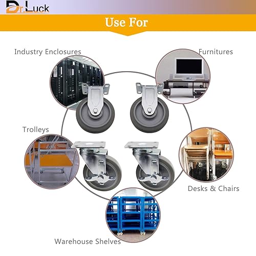 Miniatura 3 de Dr.Luck Juego de ruedas combinadas de 5 pulgadas, 2 rígidas y 2 giratorias con freno lateral, rueda de goma TPR gris, rodamiento de bolas doble,