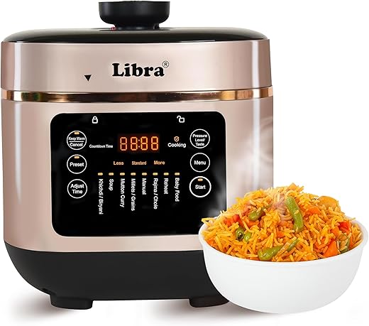 Libra 6 Litre Electric Cooker | Electric Pressure Cooker with Advanced Float Valve Safety | One-Touch Multi Cooking | Indian Preset Menus and Rice…