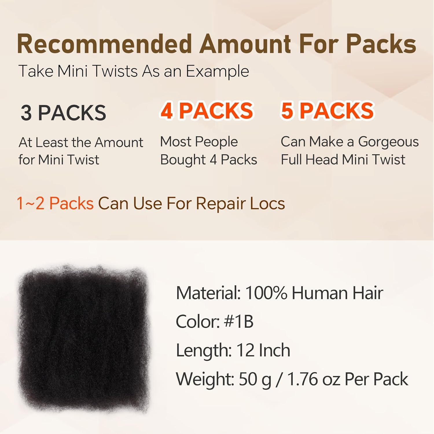 12 Inch afro kinky-curly human hair bulk for Dreadlock Extensions and Twist Braiding 100% Human Hair Repair Locs 50g/Pack Afro Kinkys Bulk Human Hair(Natural Black - Image 4