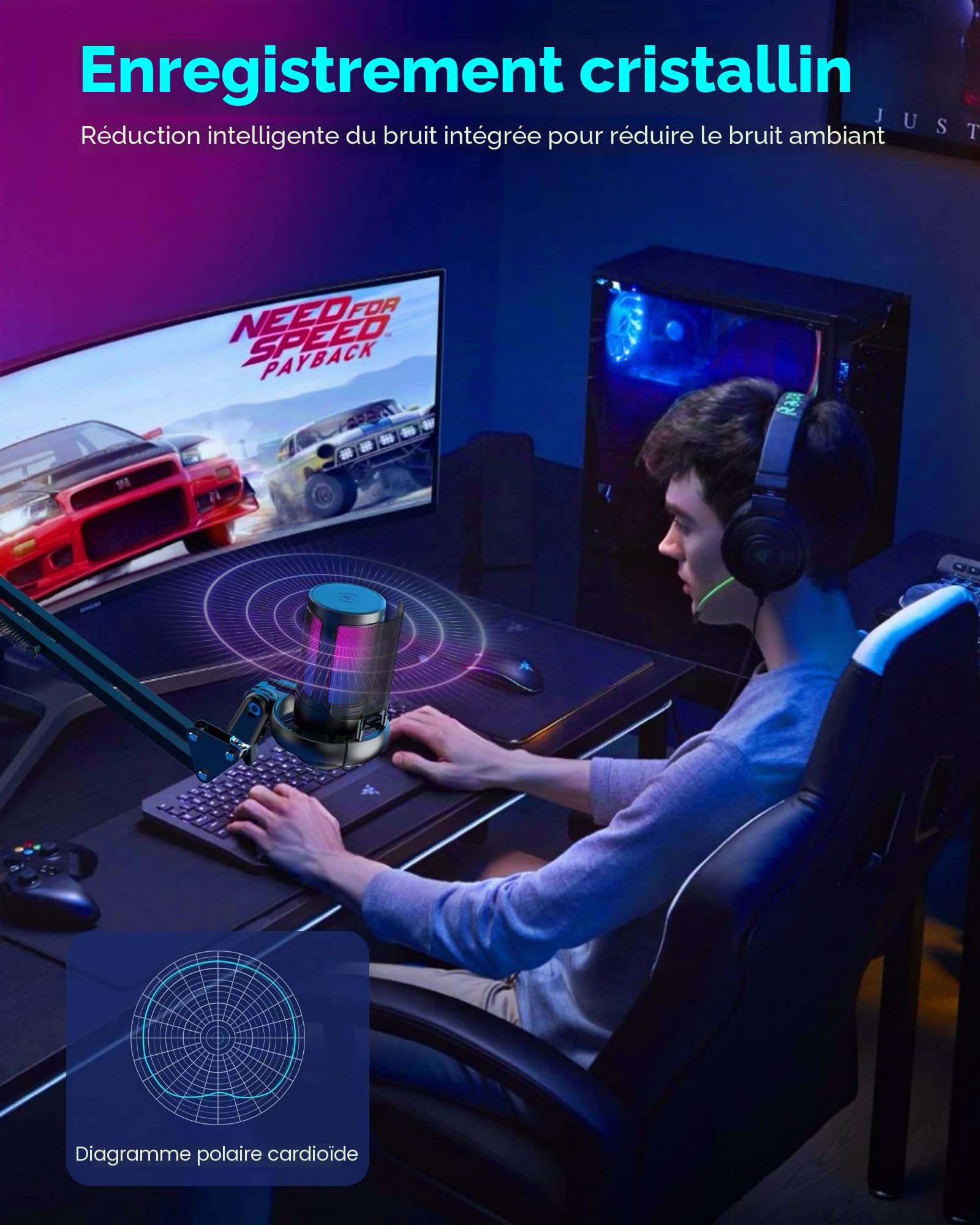 Micro Gaming PC - USB Microphone avec Bras pour Mac, PS4 & PS5 - Bouton De Silence, Fixation Antichoc - pour Le Streaming, Les Jeux, Les Podcasts